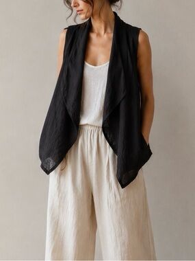 Francesca Bettini 100 % Linen Black Lagenlook Open Front Layering Vest S